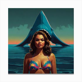 Retro Pop Young Woman with Shark Canvas Print