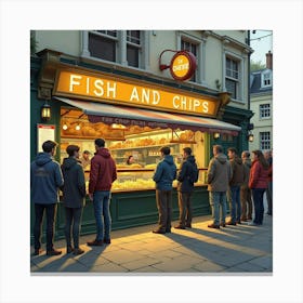 An English Fish And Chips Shop With A Queue Of Eager Customers 1 Canvas Print