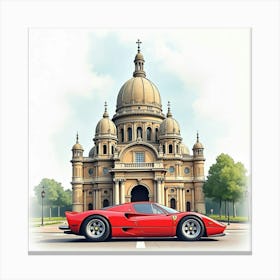 Ferrari By A Watercolor Historical Landmark With Intricate Architecture 1 1 Canvas Print