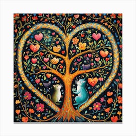 Folk Art Heart Tree Cat Climbing Artwork 11 Canvas Print