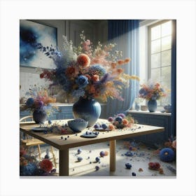 Flowers In A Blue Kitchen Canvas Print