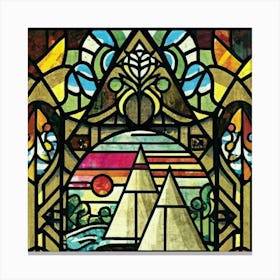 Image of medieval stained glass windows of a sunset at sea 2 Canvas Print
