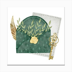 Letter envelope with golden key feather pen Canvas Print