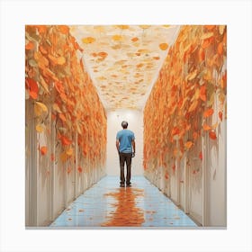 Man Walking Through A Hallway Covered In Leaves Canvas Print