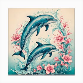 Dolphins In The Water With Flowers Canvas Print