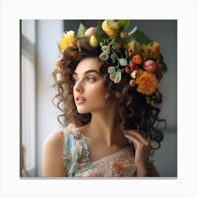 Beautiful Woman With Flowers in Head Canvas Print