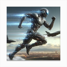 Futuristic Robot Running In The Sky Canvas Print