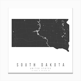 South Dakota Mono Black And White Modern Minimal Street Map Square Canvas Print