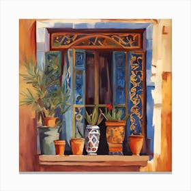 Morrocan Window With Potted Plants Canvas Print