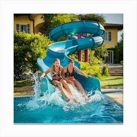 Two Girls On A Water Slide 1 Canvas Print