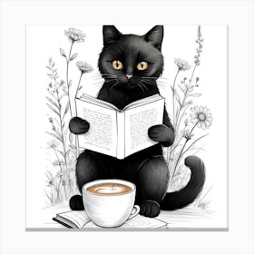 Black Cat Reading A Book Canvas Print