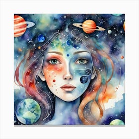 Watercolor Of A Girl With Planets 1 Canvas Print