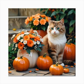 Cat With Pumpkins And Flowers Canvas Print