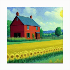 Rustic Beauty Farmhouse and Pasture at Sunset Sunflowers In The Field Canvas Print