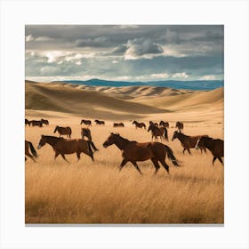 Golden Prairie: Where Wild Mustangs Roam Beneath Endless Skies 1 Canvas Print