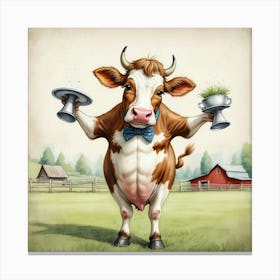 Cow Holding Two Plates Canvas Print