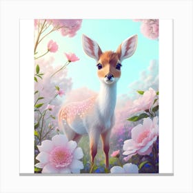 Deer In Pink Flowers Canvas Print