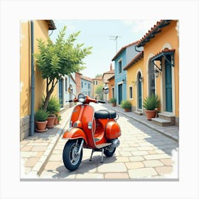 Retro Motorcycle In A Charming Village Street Watercolor Scene 1 Canvas Print