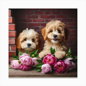 Two Puppies With Flowers Canvas Print