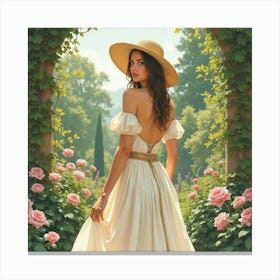 Elegant French Woman In A Lush Garden, Watercolor With Opulent And Soft Tones 1 Canvas Print