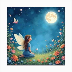 Fairy Garden Under Watercolor Stars And Moonlight 1 Canvas Print