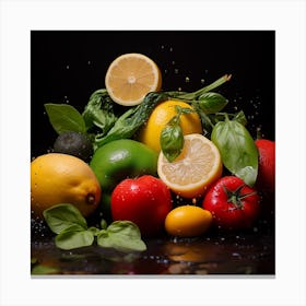 Fresh Fruits And Vegetables On Black Background Canvas Print