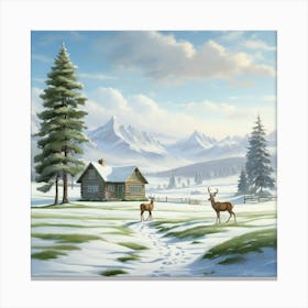 Winter Scene With Deer And Cabin Canvas Print