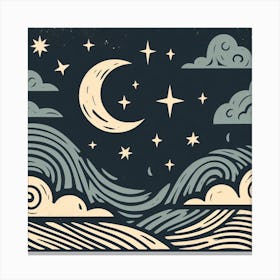 Linocut, Scandinavian Style, Night Sky with Crescent Moon 3 Canvas Print