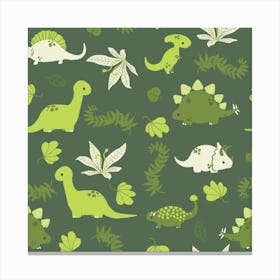 Cute Dinosaurs And Leaves Pattern Canvas Print