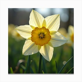 A Radiant Daffodil With Petals Like Cascading, Holographic Ribbons In A Magical Meadow Canvas Print