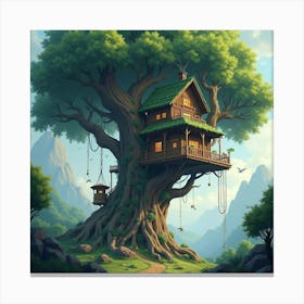 Magical Treehouse Suspended High In The Branches Of A Towering Ancient Tree 1 Canvas Print