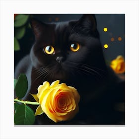 Black Cat With Yellow Roses Canvas Print