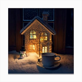 Firefly Cup, Cozy, Miniature, House, Illuminated, Windows, Snowy, Landscape, Snowman, Winter, Warmth (3) Canvas Print