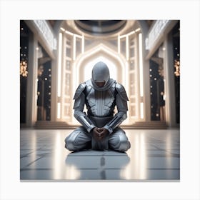 A 3d Dslr Photography Muslim Wearing Futuristic Digital Armor Suit , Praying Towards Masjid Al Haram, House Of God Award Winning Photography From The Year 8045(5) Canvas Print