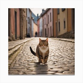 A Cat Walks On Its Hind Legs Down A Cobblestone Street Lined With Buildings 2 Canvas Print