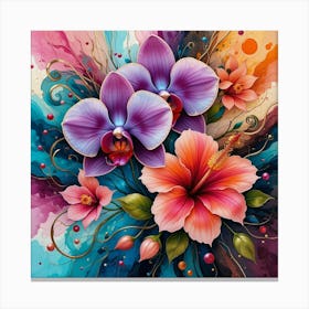 Orchids And Hibiscus Canvas Print