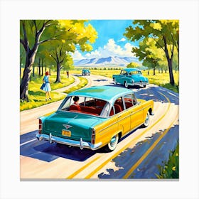 90's cars, A Nostalgic Painting Of A Classic 1960s Family Road Trip art print 21 Canvas Print