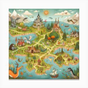 Charming Illustrated Map Of Imaginary Lands With Whimsical Creatures And Landmarks, Style Illustrated Map Art Canvas Print