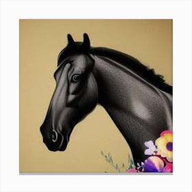 Black Horse With Flowers Canvas Print