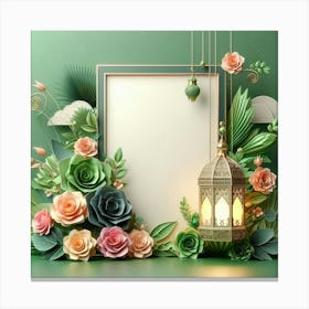 Frame With Flowers And Lantern 3 Canvas Print