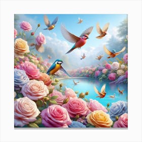 Birds And Roses Canvas Print