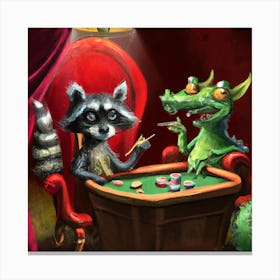 Raccoon and Dragon Playing Poker Canvas Print