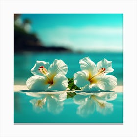 A Turquoise Blue Sea with White Hibiscus Flowers Canvas Print