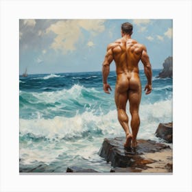 Muscular Nude Man On Rocks, Vincent Van Gogh Style Canvas Print