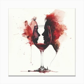 Watercolor Painting Of A Wine Glass On A White Background Two Faces Looking At Each Other Canvas Print