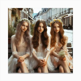 Three Beautiful Girls Sitting On A Bench Canvas Print