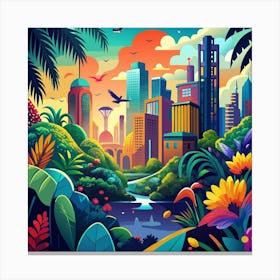 A Vibrant Cityscape With A Twist Incorporate Tropical 1 Canvas Print