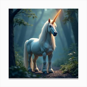 Majestic Unicorn With A Glowing Horn, In Enchanted Forest Canvas Print