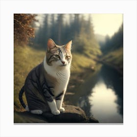 Cat Sitting By A River Canvas Print