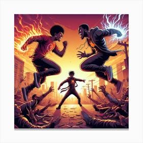 Two Men Fighting In A City Canvas Print